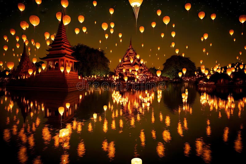 Hundreds of Floating Asian Lanterns Reflected in Water Surface of Lake