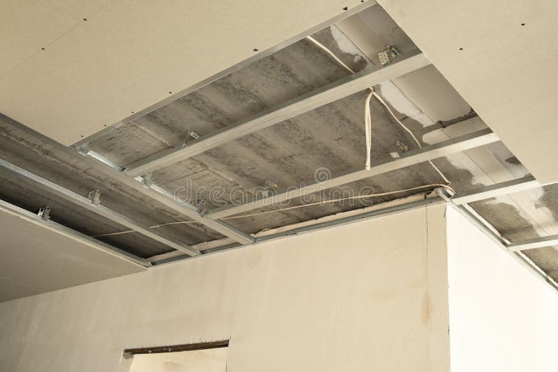Hung Drywall Ceiling at Construction Site in Apartment Stock Image