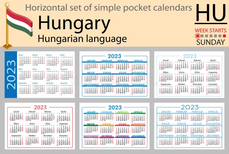 Hungarian Horizontal Pocket Calendar for 2023. Week Starts Sunday Stock
