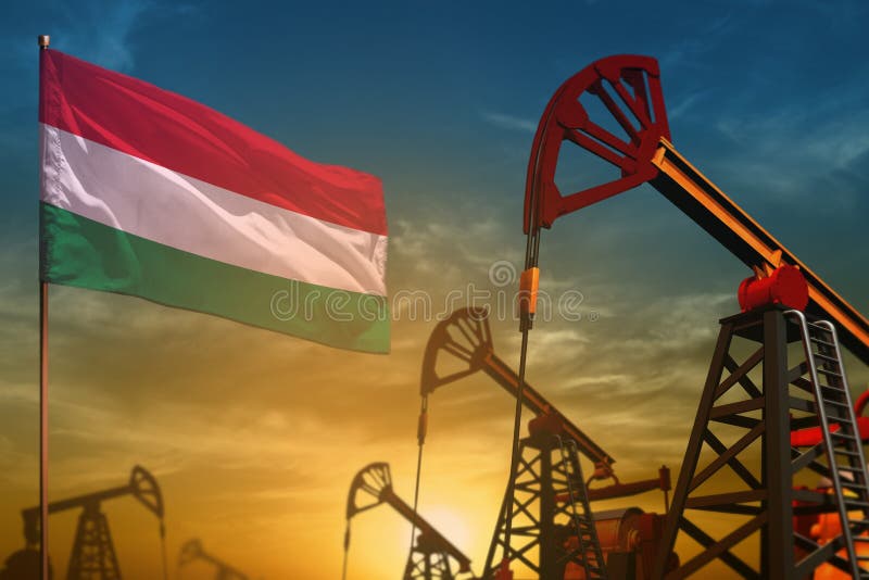 Hungary oil industry concept. Industrial illustration - Hungary flag and oil wells against the blue and yellow sunset sky