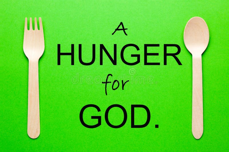 A Hunger for God text with spoon and fork on green background