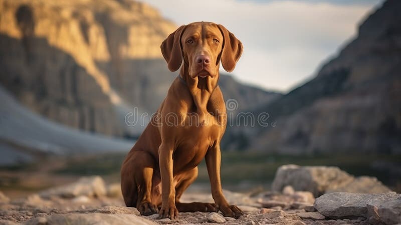 Hungerischer vizsla Hund sitzend auf Felsen und Blick auf Kamera generativen ai stock abbildung