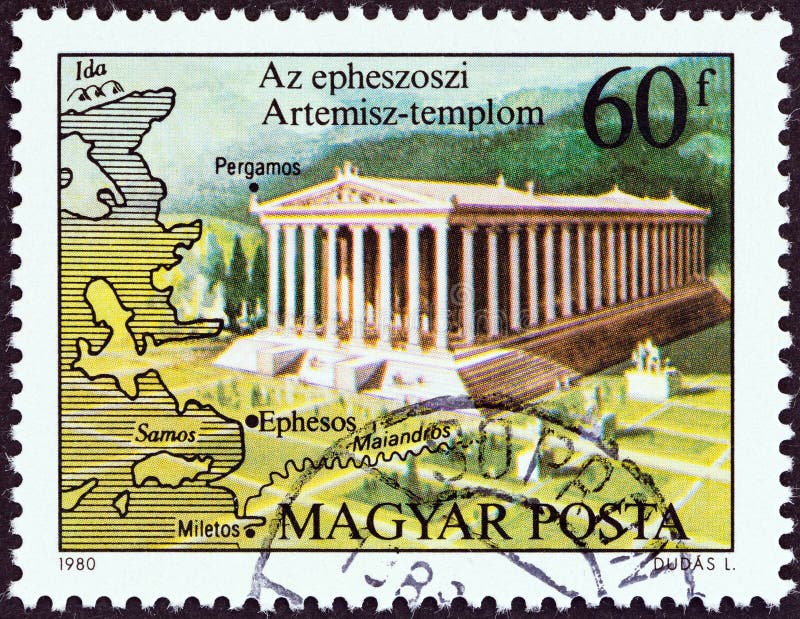 HUNGARY - CIRCA 1980: A stamp printed in Hungary from the "Seven Wonders of the Ancient World " issue shows the Temple of Artemis, Ephesus, circa 1980. HUNGARY - CIRCA 1980: A stamp printed in Hungary from the "Seven Wonders of the Ancient World " issue shows the Temple of Artemis, Ephesus, circa 1980.