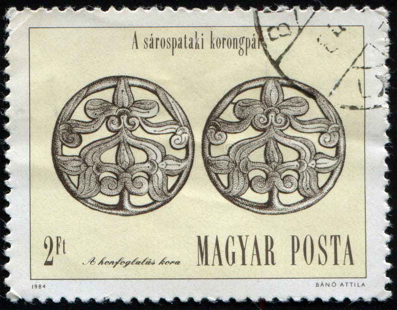 HUNGARY - CIRCA 1984: stamp 2 Hungarian forint printed by Hungary, shows Silver disc hair ornaments, Sarospatak, circa 1984. HUNGARY - CIRCA 1984: stamp 2 Hungarian forint printed by Hungary, shows Silver disc hair ornaments, Sarospatak, circa 1984