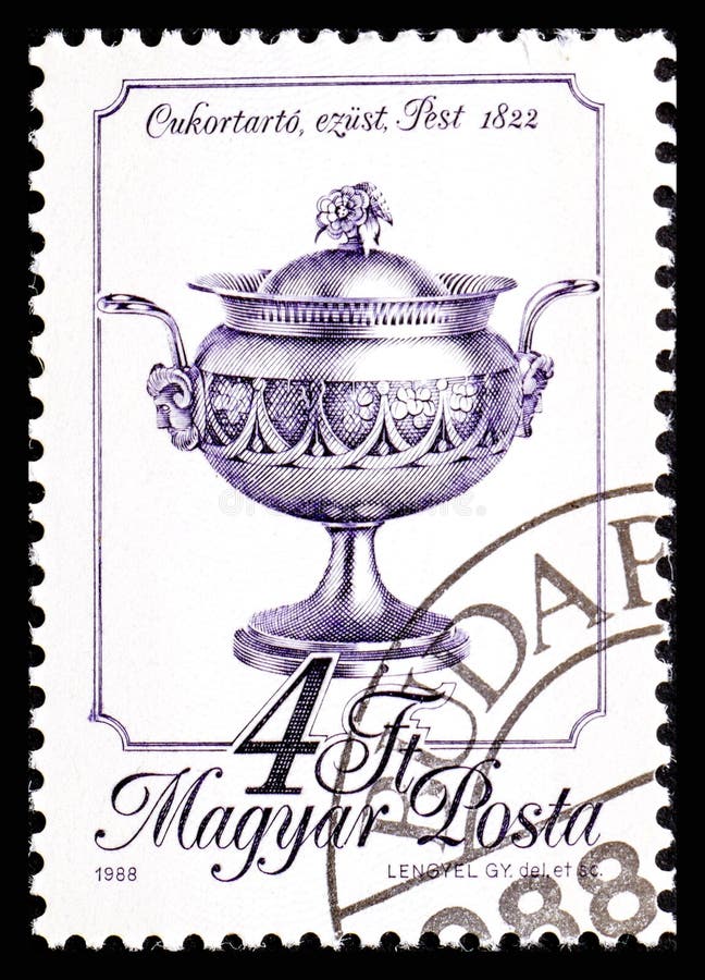 HUNGARY - CIRCA 1988: A stamp printed in Hungary from the Metal Crafts issue shows silver sugar basin from Pest, 1822. High quality photo. HUNGARY - CIRCA 1988: A stamp printed in Hungary from the Metal Crafts issue shows silver sugar basin from Pest, 1822. High quality photo