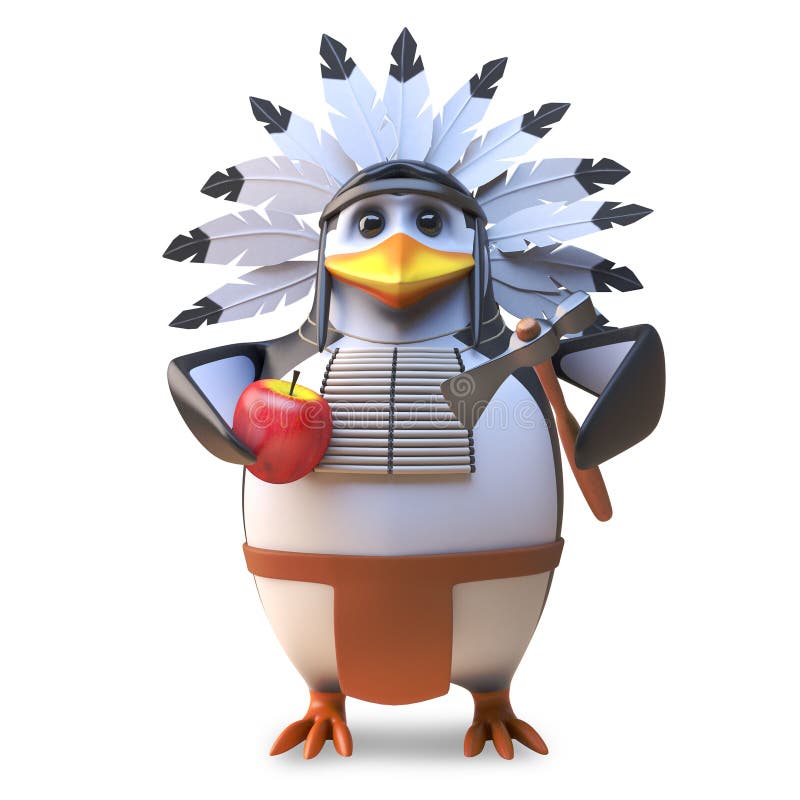 Hungry native American Indian penguin chief chops an apple with his axe, 3d illustration render. Hungry native American Indian penguin chief chops an apple with his axe, 3d illustration render