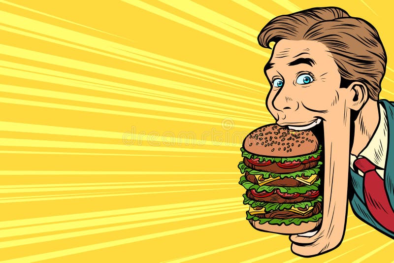 Hungriger Mann mit einem riesigen Burger, Straßenlebensmittel
