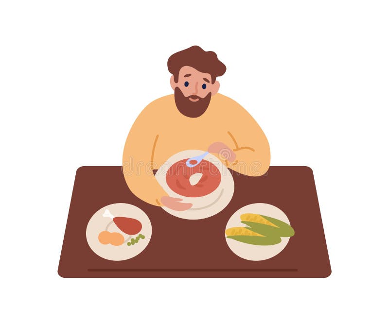 Hungry bearded man eating soup sit at table in cafe vector flat illustration. Cartoon male chewing chicken and corn stock illustration Hungry bearded man eating soup sit at table in cafe vector flat illustration. Cartoon male chewing chicken and corn stock illustration
