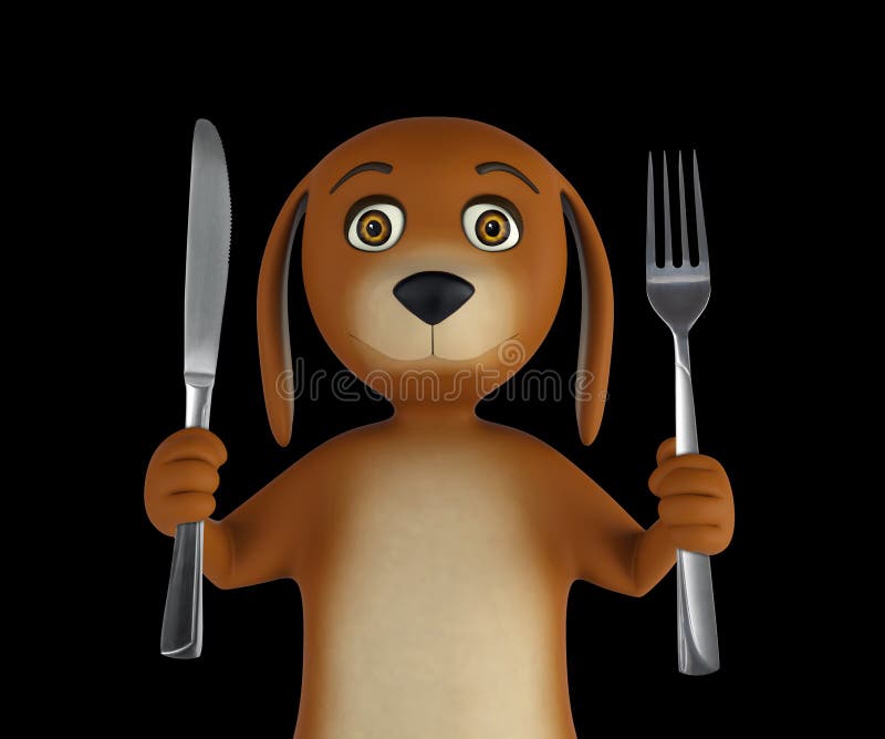 Hungry Cartoon Dog with Empty Bowl Holds a Knife and Fork. on Black