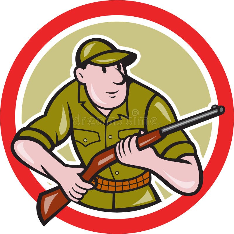 Hunter Carrying Rifle Circle Cartoon stock illustratie.