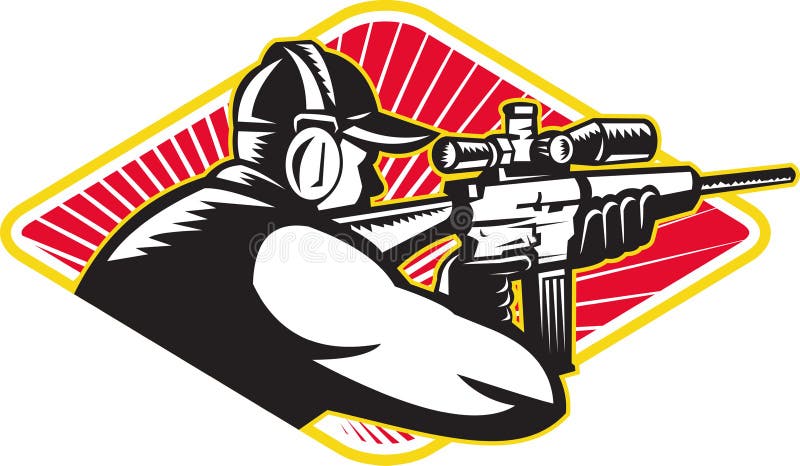 Illustration of a shooter hunter aiming target rifle gun done in retro style on isolated background set inside diamond. Aiming target vectors