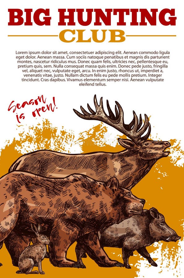 Vector sketch poster of hunting club wild animals vector illustration Vector sketch poster of hunting club wild animals vector illustration