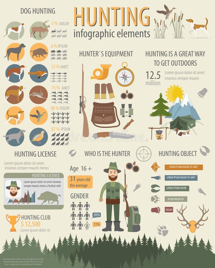 Hunting Infographic Template. Dog Hunting, Equipment, Statistical Data