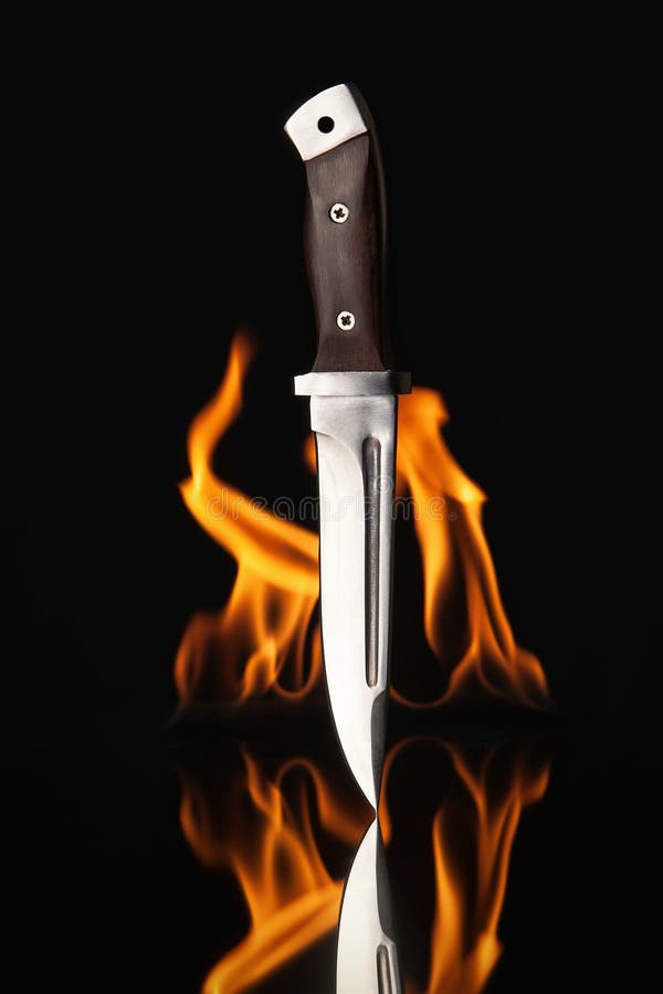 Hunting Knife with Fire on a Black Background Stock Photo Image of