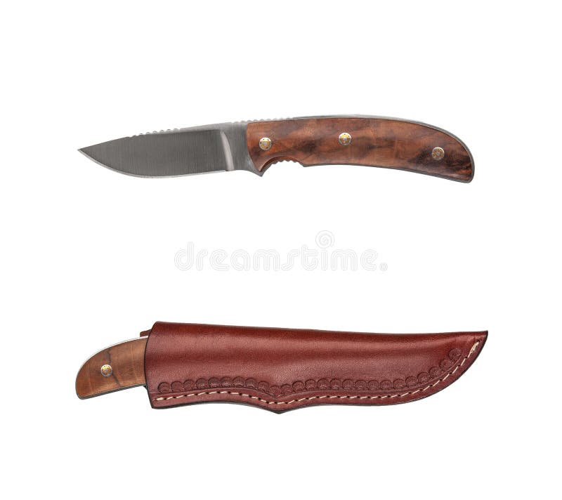 Hunting Knife with Wooden Handle and Leather Case Isolated on White