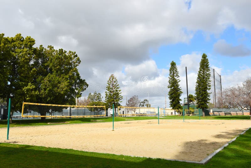 HUNTINGTON BEACH CALIFORNIA 01 JAN 2023: Sand Volleyball Courts on HUNTINGTON BEACH CALIFORNIA 01 JAN 2023: Sand Volleyball Courts on