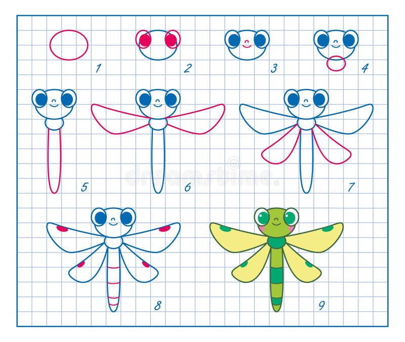 Hur du drar insektsundervisningen steg för steg för barn med söt dragonfly-färgsida vektor illustrationer