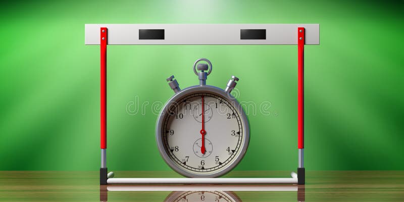 Hurdle and stopwatch timer on stadium background, 3d illustration.