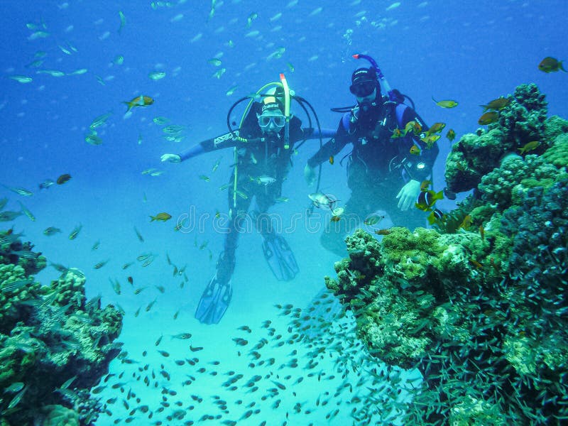 Hurghada, Egypt - April 20, 2009. Scuba diving couple swimming between fish in Red Sea stock photo Hurghada, Egypt - April 20, 2009. Scuba diving couple swimming between fish in Red Sea stock photo