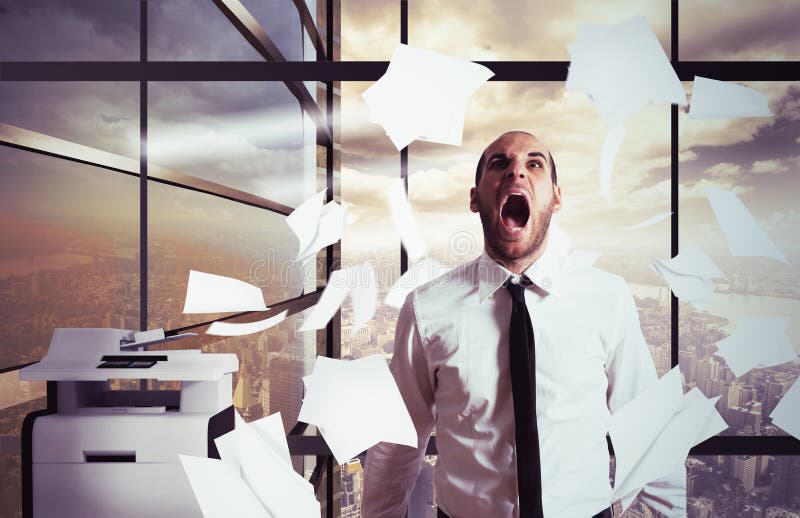 Businessman stressed and overworked yelling in office. Businessman stressed and overworked yelling in office