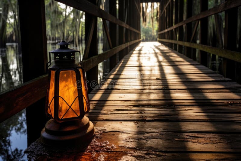 A hurricane lantern casting long shadows on an old wooden bridge royalty free stock images