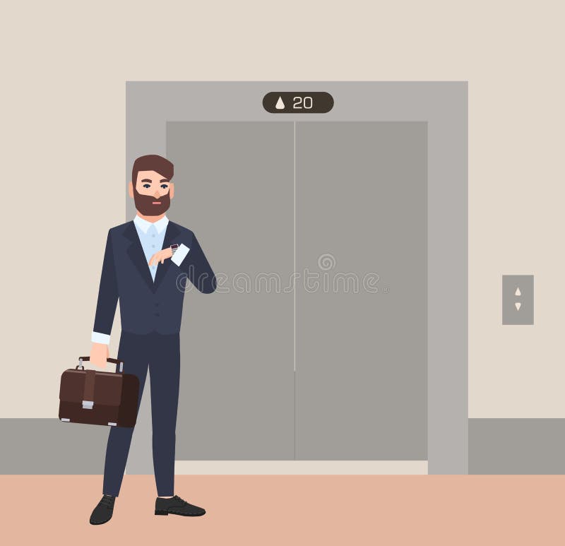 Hurrying bearded man, businessman or office worker dressed in suit standing in front of closed doors of elevator and stock illustration