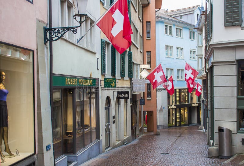 Hus Med Flaggor Av Schweiz I Zurich Zurich Gammal Stad Den Historiska