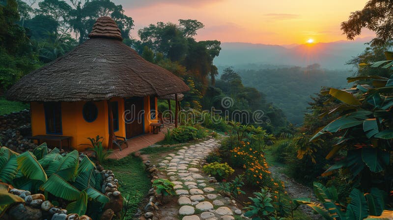 A traditional house with a thatched roof sits atop a hill, blending with the natural landscape. The picturesque setting offers a glimpse into a bygone era. A traditional house with a thatched roof sits atop a hill, blending with the natural landscape. The picturesque setting offers a glimpse into a bygone era.