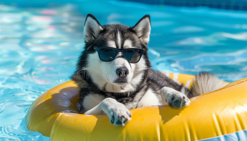 Husky dog relaxing in swimming pool with sunglasses. AI generated. Husky dog relaxing in swimming pool with sunglasses. AI generated.