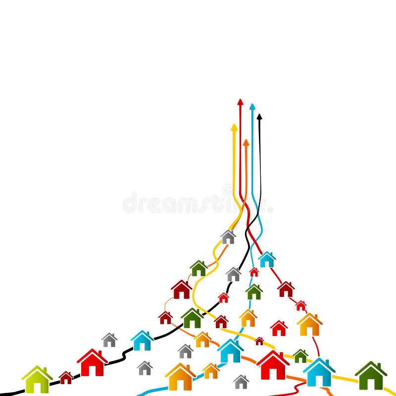 House market trend, real estate analysis concept with colorful avatar house icons over tangled lines with arrows pointing up. House market trend, real estate analysis concept with colorful avatar house icons over tangled lines with arrows pointing up