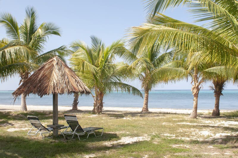 Hut met Stoelen en Palmen op Strandlandschap met Mooie Blauwe Wateren op Eiland royalty-vrije stock fotografie Hut met Stoelen en Palmen op Strandlandschap met Mooie Blauwe Wateren op Eiland royalty-vrije stock fotografie