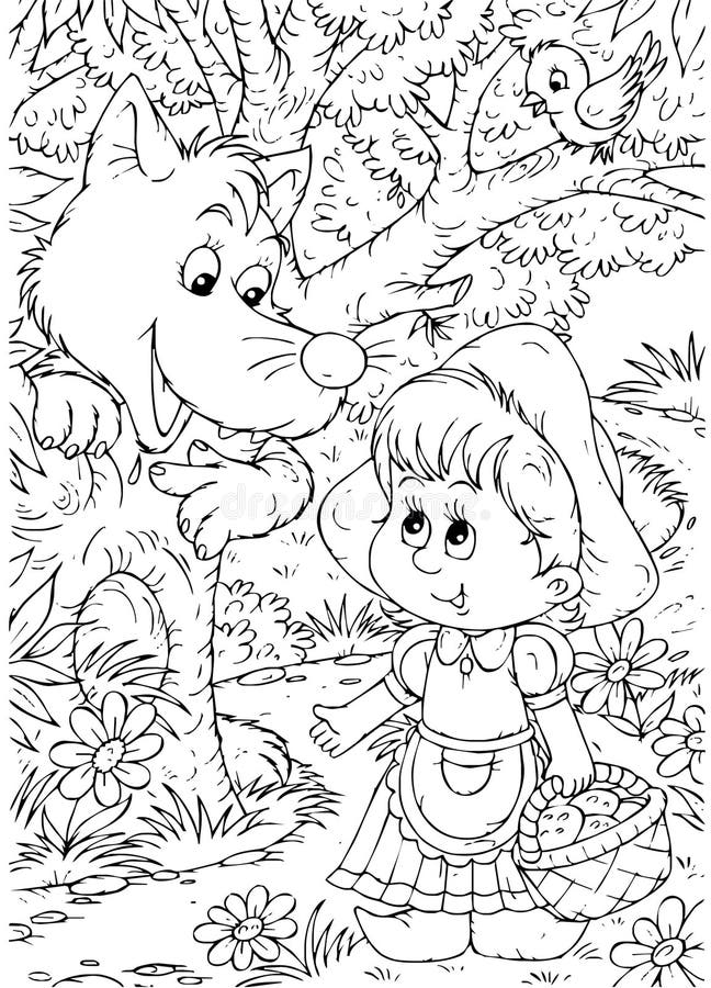 Black-and-white outline for a coloring book: Little Red Riding Hood and Wolf peeping out from behind the tree. Black-and-white outline for a coloring book: Little Red Riding Hood and Wolf peeping out from behind the tree