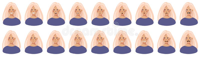 Huvud av en ung flicka med olika sinnesrörelser på hennes framsida, vektorillustrationuppsättning royaltyfri illustrationer Huvud av en ung flicka med olika sinnesrörelser på hennes framsida, vektorillustrationuppsättning royaltyfri illustrationer
