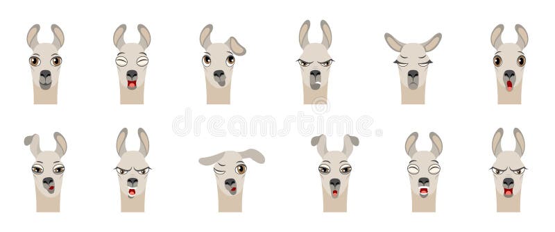 Heads of Lama with Different Emotions - Smiling, Sad, Anger, Aggression, Drowsiness, Fatigue, Malice, Surprise Fear - Illustration Vector. Heads of Lama with Different Emotions - Smiling, Sad, Anger, Aggression, Drowsiness, Fatigue, Malice, Surprise Fear - Illustration Vector