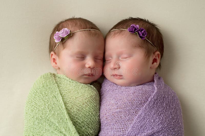 Headshot of fraternal twin newborn baby girls swaddled in light green and lavender stretch wrap material. Headshot of fraternal twin newborn baby girls swaddled in light green and lavender stretch wrap material.