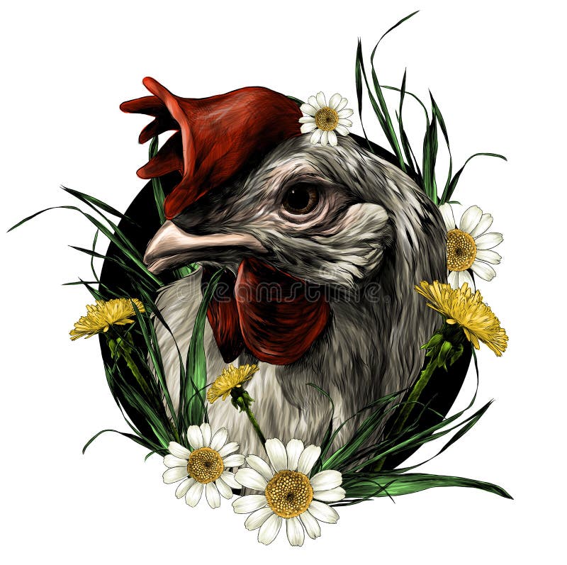 Huvudet av en tupp som omges av lösa blommor, gräs maskrosor och tusenskönasammansättning royaltyfri illustrationer
