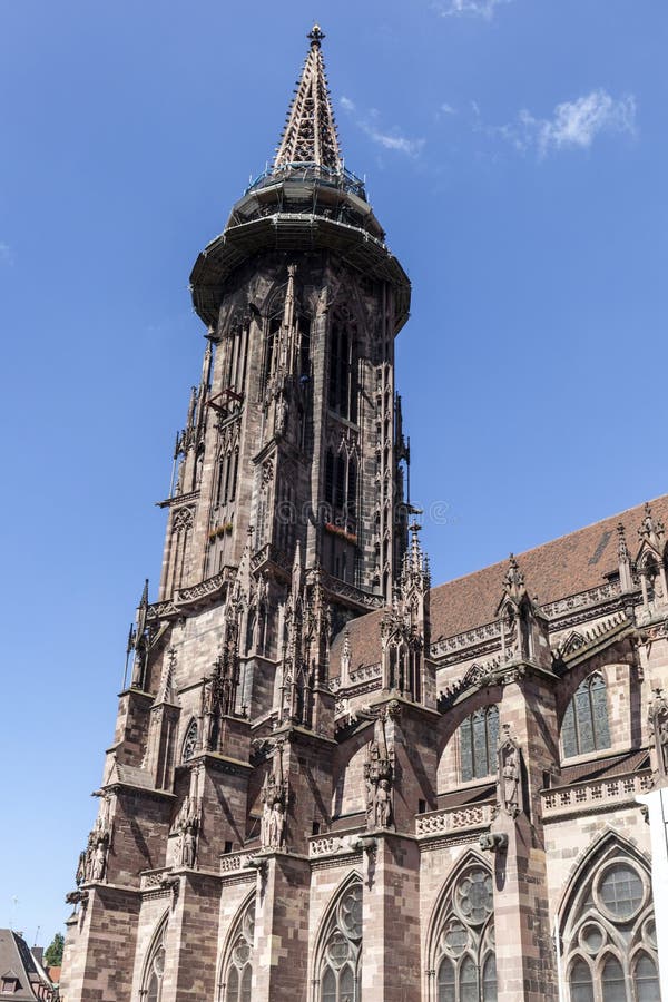 Huvudsakligt torn av den berömda Freiburg Muenster för värld domkyrkan, en mediev royaltyfria foton Huvudsakligt torn av den berömda Freiburg Muenster för värld domkyrkan, en mediev royaltyfria foton
