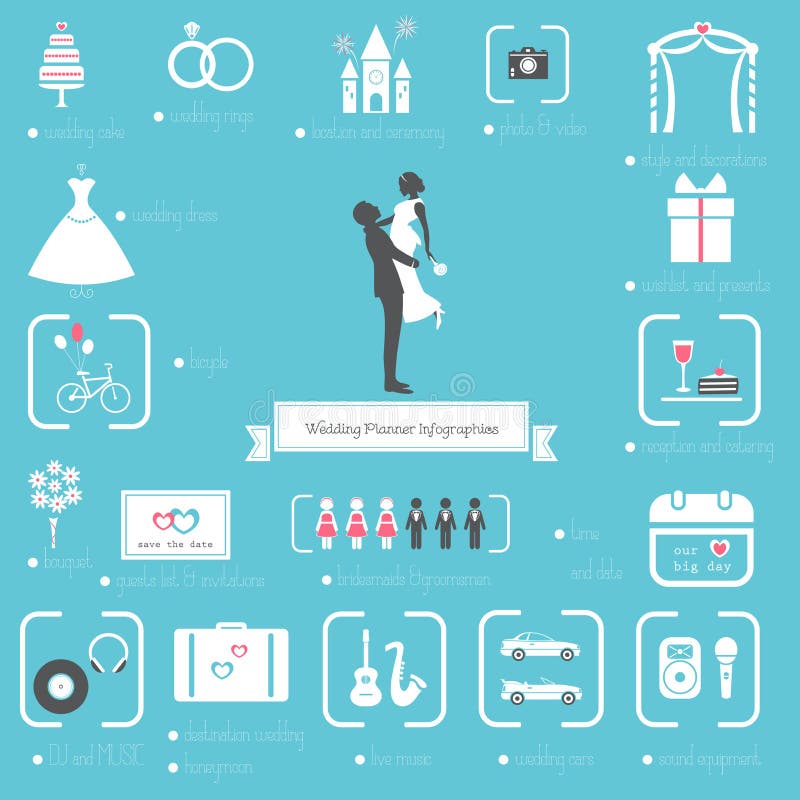 Huwelijksontwerper Icons en Infographics-Reeks vector illustratie Huwelijksontwerper Icons en Infographics-Reeks vector illustratie