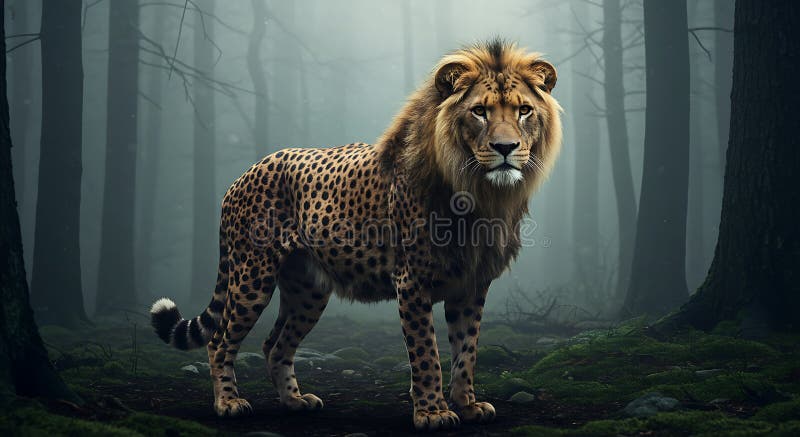 Hybrid Lion Cheetah Standing in Forest with a Mysterious Moody Vibe