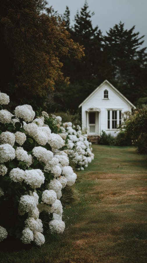 Hydrangeas bianco incantevole Linea del percorso di un Cottage di pittura in un'impostazione Serene Garden immagini stock libere da diritti