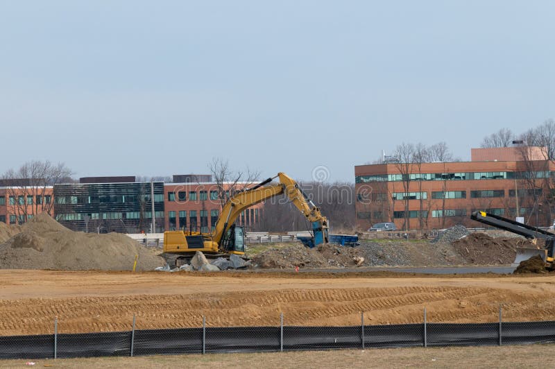 Hydraulic Hammer in the Construction Works of a Road Stock Photo