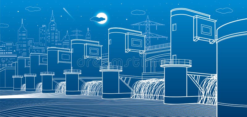 Hydro power plant. River Dam. Energy station. City infrastructure industrial illustration. White lines on blue background. Vector