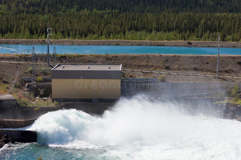 Hydro power station dam open gate spillway water