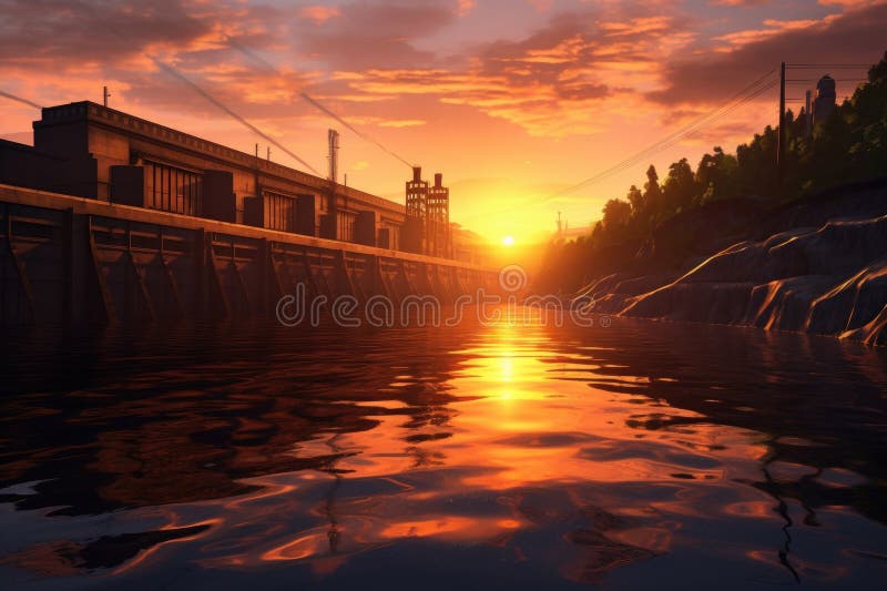 Hydroelectric Dam at Sunset with Calm Water Stock Photo Image of