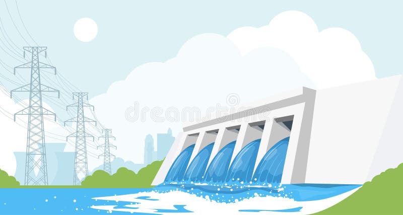Hydroelektrownia rzeczna zapora hydroenergetyczna zbiornik wysokoprężnych linii energetycznych i miejskiego źródła energii royalty ilustracja