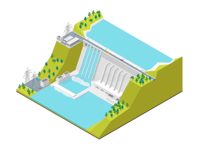 Hydroelektryczny elektrowni pojęcia 3d Isometric widok wektor royalty ilustracja