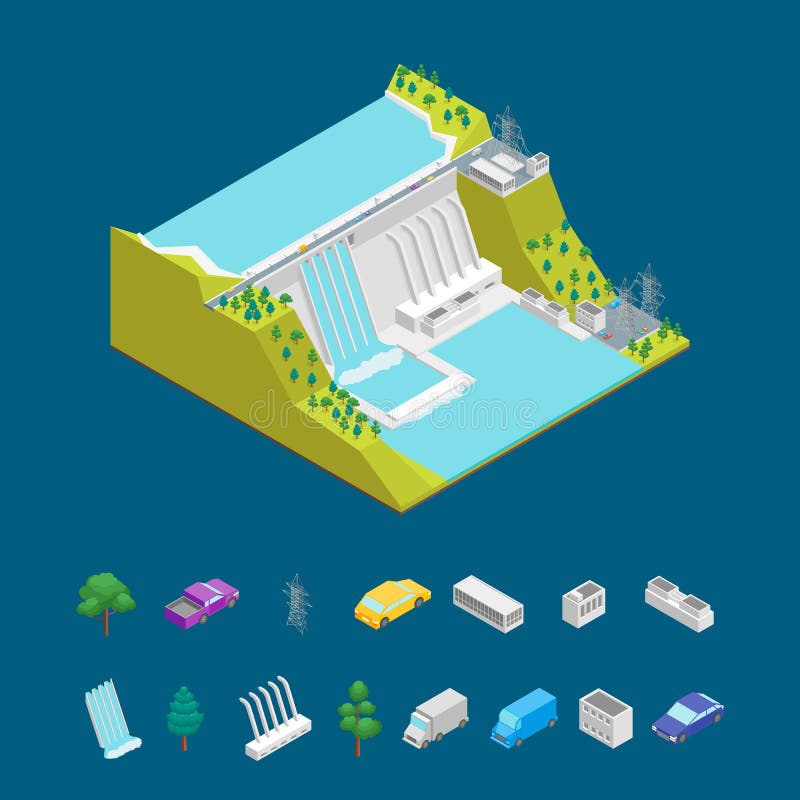 Hydroelektryczny elektrowni pojęcie i elementów 3d Isometric widok wektor royalty ilustracja