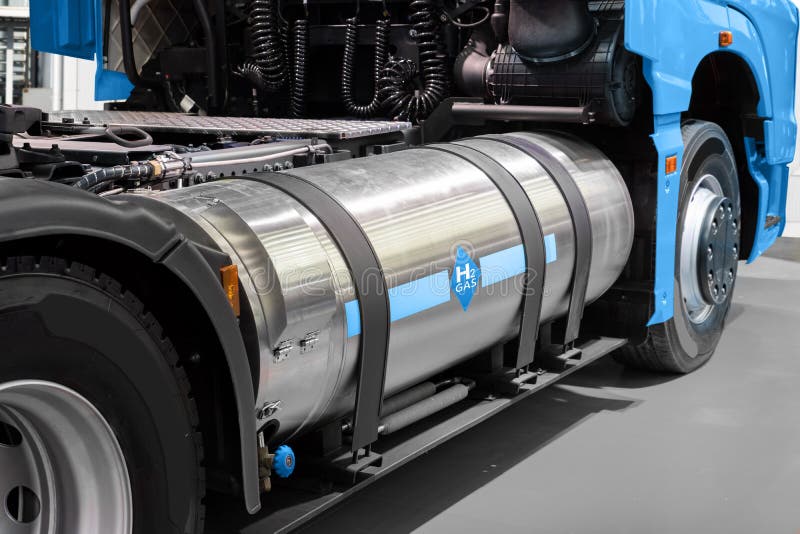 A hydrogen fuel cell semi truck. With H2 gas cylinder onboard. Eco-friendly commercial vehicle concept royalty free stock photography A hydrogen fuel cell semi truck. With H2 gas cylinder onboard. Eco-friendly commercial vehicle concept royalty free stock photography