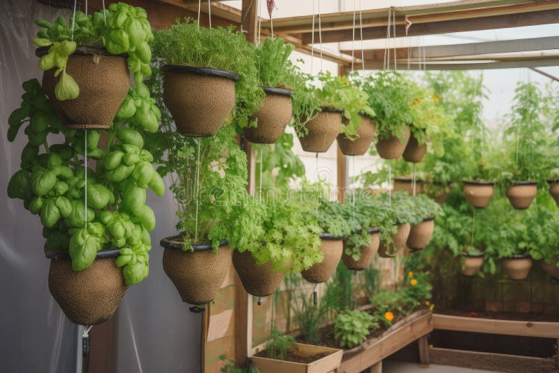 Hydroponic Garden, with Herbs and Vegetables Growing in Hanging Baskets