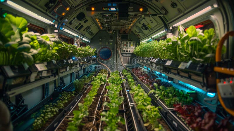 A hydroponic garden inside a space module, with rows of herbs and greens under artificial lights royalty free stock photos